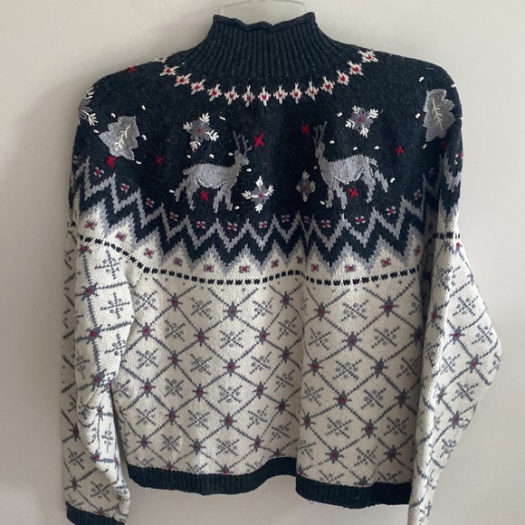 Vintage Northern Isle Zip Front Sweater Fair Isle Deer Snowflakes Sweater - Picture 2 of 6